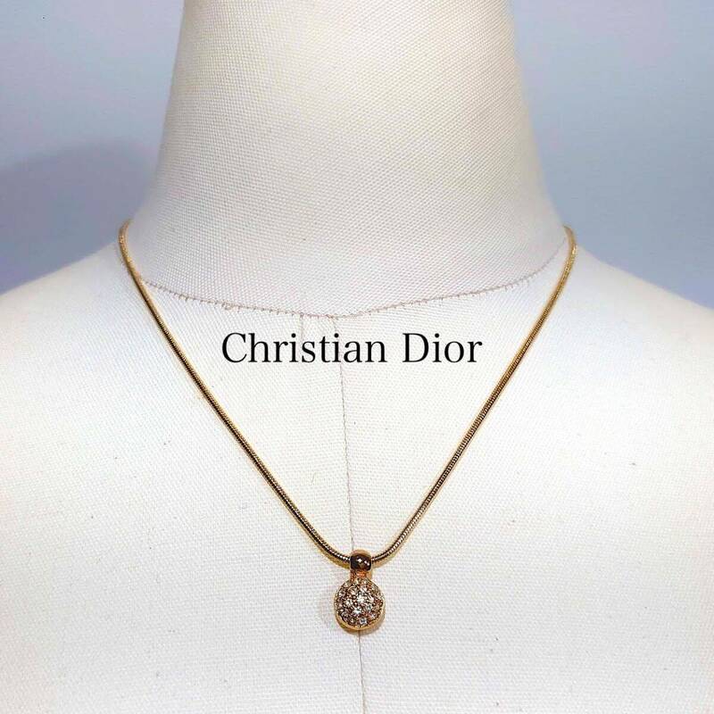 【極美品】Christian Dior CD DIOR クリスチャン ディオール ラインストーン ネックレス ペンダント ドーム型 ヴィンテージ ゴールド