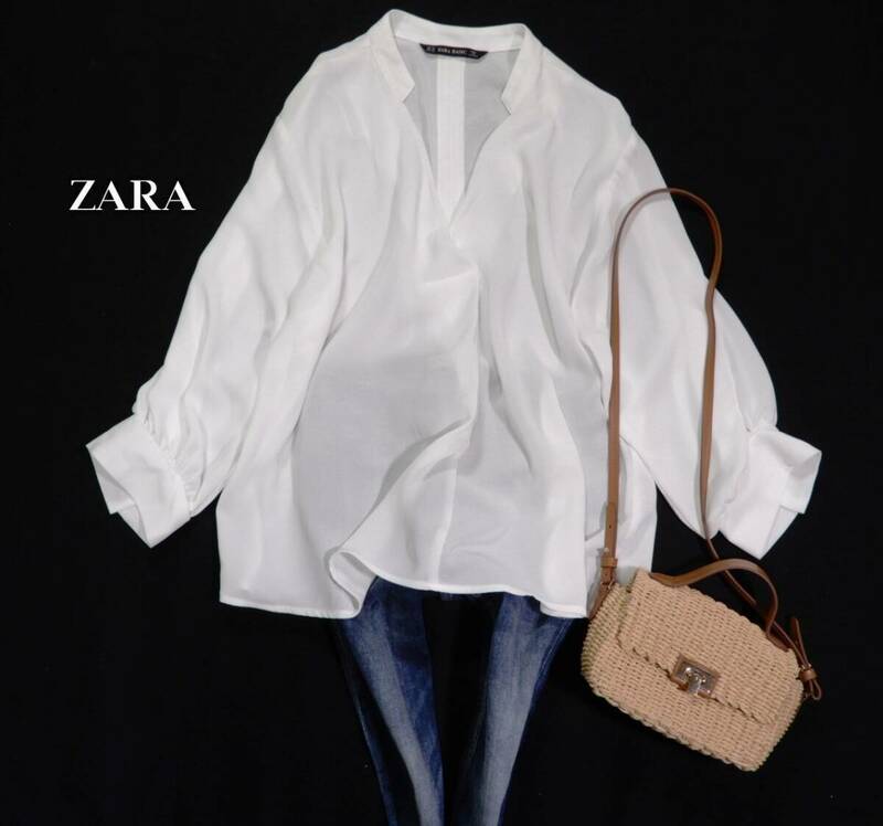 ザラ ZARA BASIC 大人素敵スタイル☆ バックボタンデザイン ふっくら袖 シアープルオーバーブラウス XS