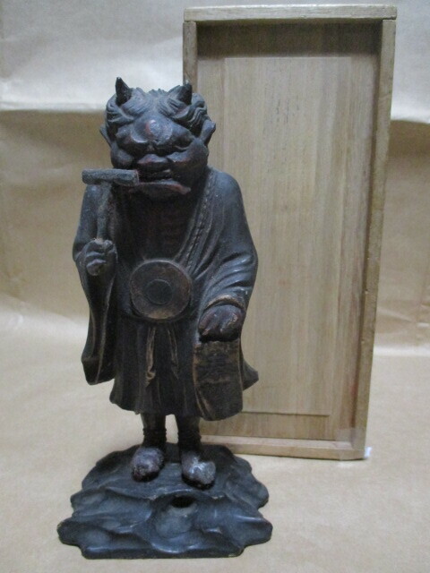 木彫　鬼の念仏　珍品　古箱付き　Q81-1