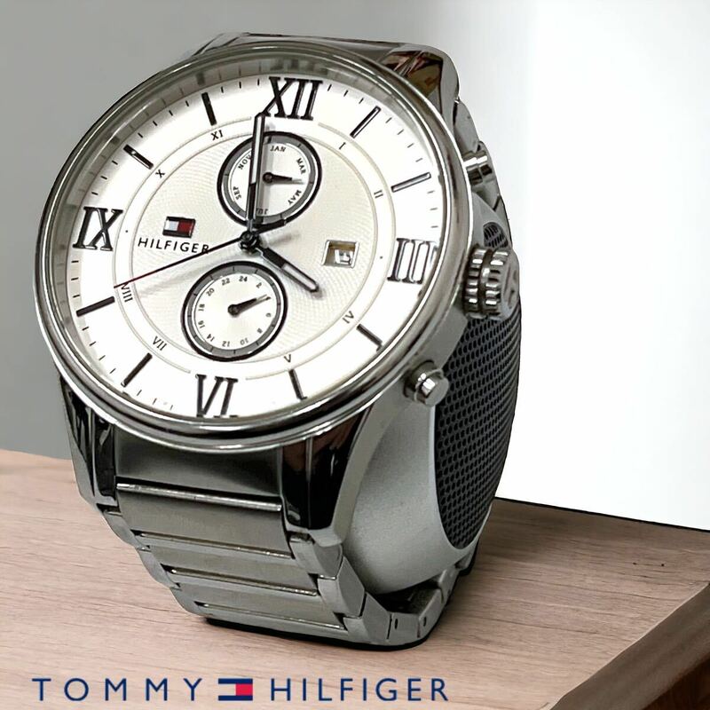 【稼働品】TOMMY HILFIGER TH / トミーヒルフィガー クォーツ腕時計 カレンダー ステンレス ホワイト文字盤 電池交換済