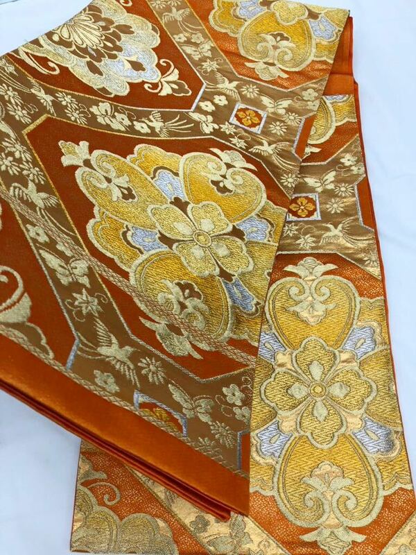 袋帯 オレンジ 金糸 織物 帯 文様 きもの 帯