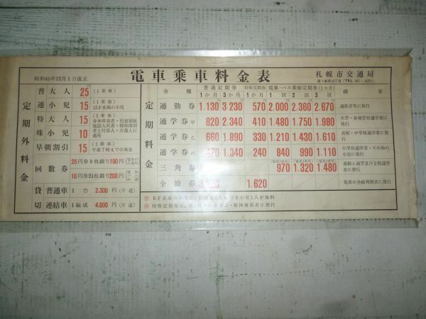 札幌市交通局　電車乗車料金表　昭和45年12月1日改正版　当時電車内に貼ってあったもの　現状品　