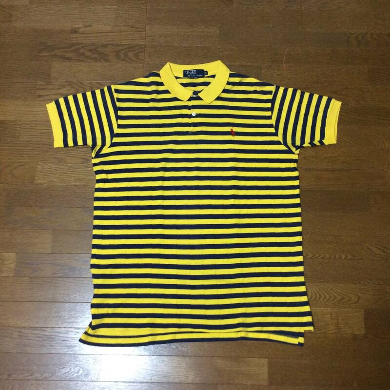 80s ポロラルフローレン ポロシャツ 黄色×紺 アメリカ製 サイズXL