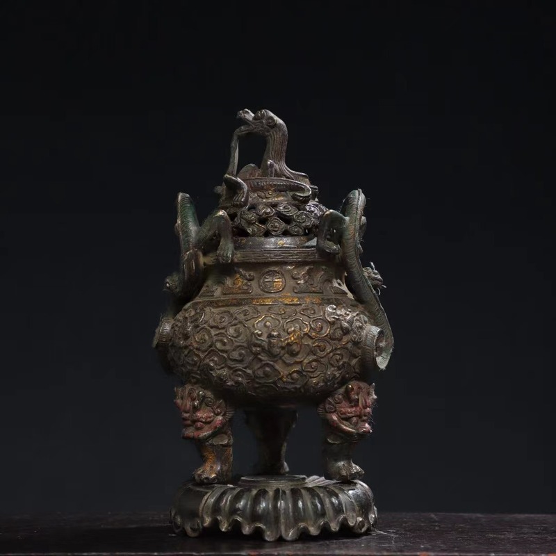 極上珍品 古銅彫 拓金 龍耳 香炉 香道具 古擺件 古置物 中国古美術 古美味 蔵出