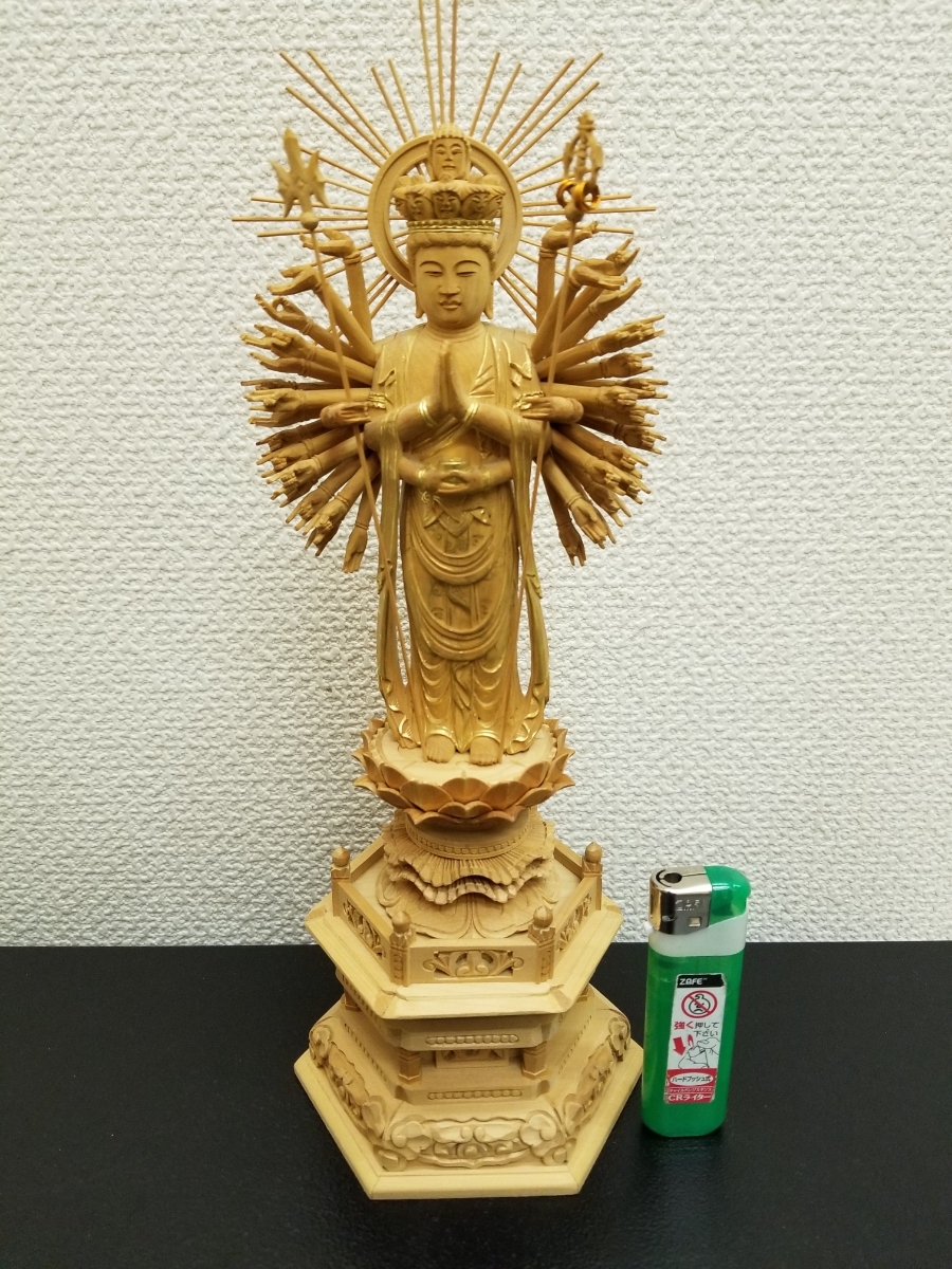 豪華　十一面千手観音菩薩　総柘植　京型六角台座　四寸　子年　十二支守り本尊　アウトレット　デッドストック　観音信仰　供養　念持仏