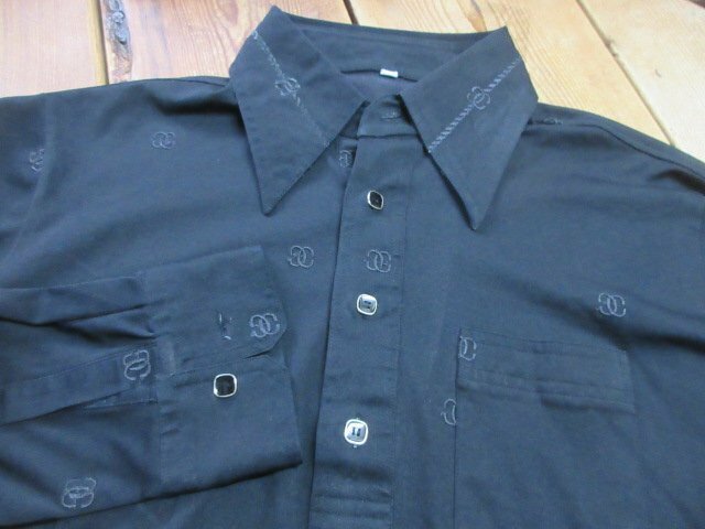 昭和レトロ　長袖　柄シャツ　M 黒　刺繍　オールド　メンズ　JAPAN古着　sy3457