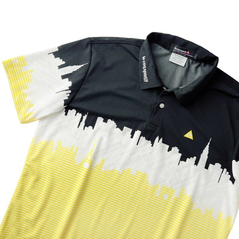 快適素材 le coq sportif GOLF ルコック ゴルフ / ドライ ストレッチ 半袖 ポロシャツ / メンズ L サイズ / 黒 イエロー 総柄 ゴルフウェア