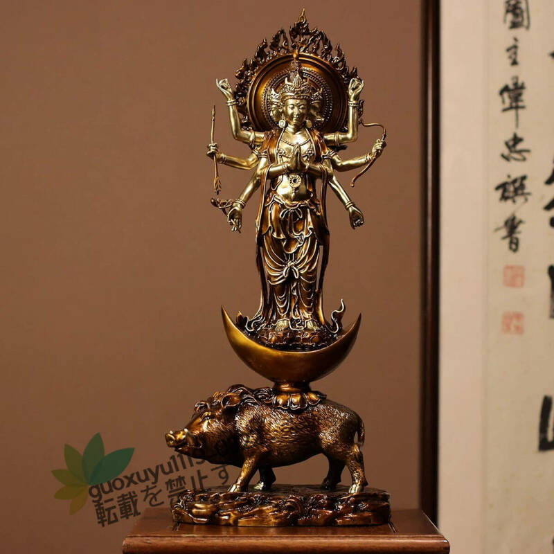  摩利支天 立像 騎猪像ご 仏具 仏像 置物 置き物 真鍮材質 総高56cm