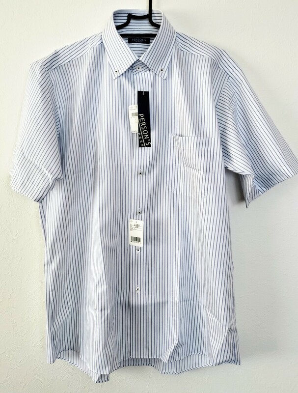 未使用★PERSON’S PREP ビジネスシャツ半袖 Lサイズ ホワイト/ブルー ストライプ