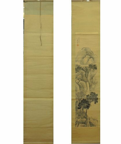 春浦人 日本画 山水 掛軸 掛け軸 春浦 紙に墨彩　Japanese hanging scroll　中古