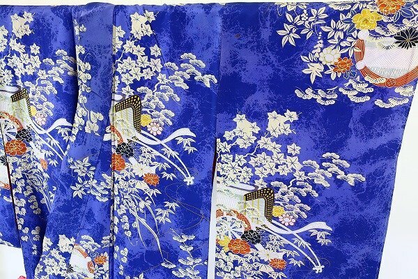 【着物フィ】アンティーク 小紋 身丈142cm 青 ビビット 大正ロマン レトロ　正絹　仕立て上がり　kimono 袷 15817