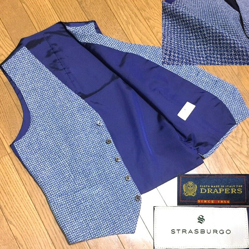 美品 STRASBURGO ストラスブルゴ x 伊 DRAPERS 日本製 高級 絹麻 シルク・リネン混 サマーツイード ジレ ベスト メンズ 44 青 ブルー