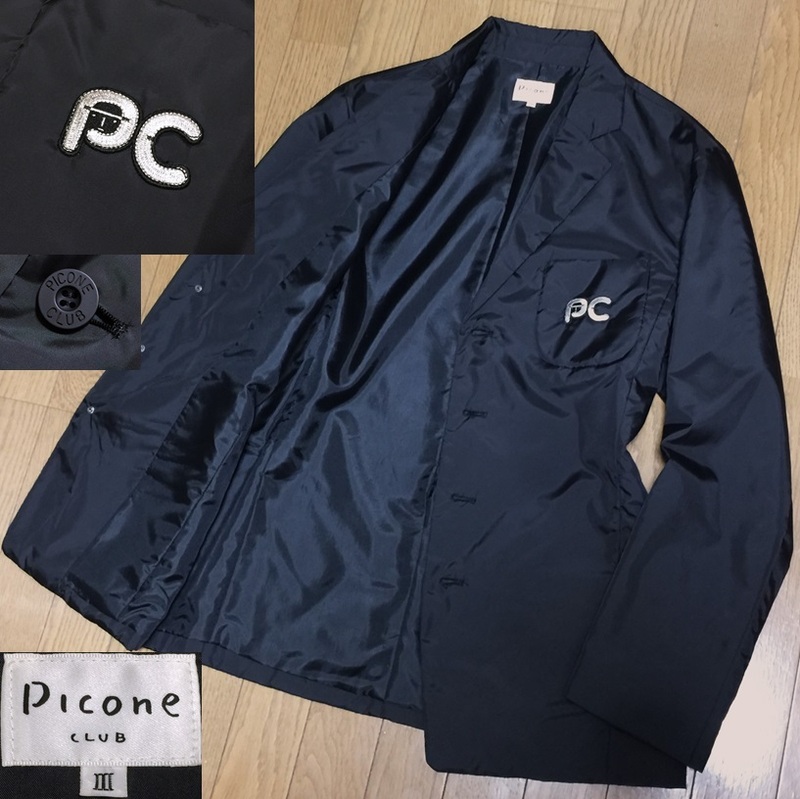 Picone CLUB ピッコーネクラブ 日本製 軽量 ロゴワッペン ポリエステル地 3B テーラード ジャケット メンズ Ⅲ L位 黒 ブラック ゴルフ