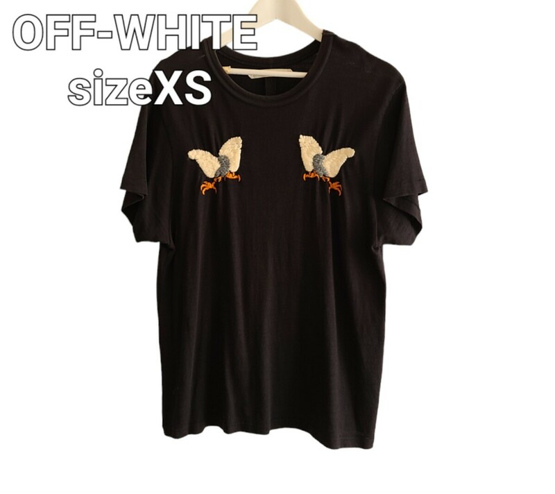 Off-white オフホワイトイーグルフロント刺繍TシャツcollarブラックsizeXS Cotton 100%MADE IN UE