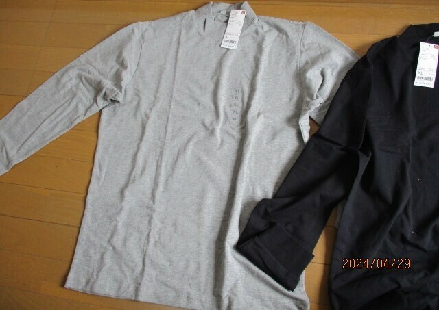 【新品】ユニクロ ストレッチ ハイネック 長袖 Tシャツ　XL　2色 ２枚セット グレー/ブラック