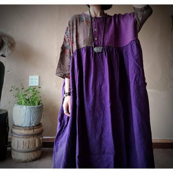 lgn 1687 ワンピース 縫い合わせ アンティーク風 洋服ミックス ロマンファッション ポップ 麻100％リネン パープル系 ゆったり
