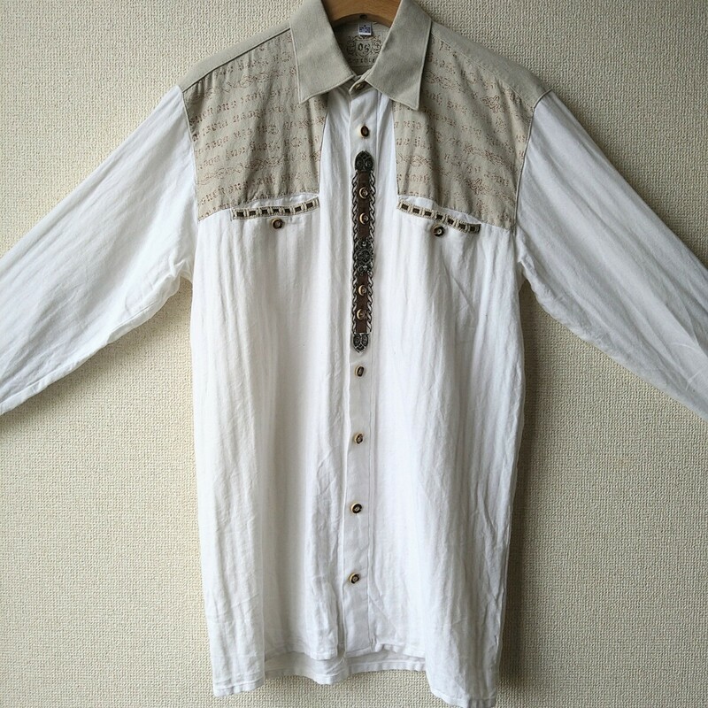 80s 90s ユーロ ヴィンテージ チロリアンシャツ コットン 15 38 ホワイト ドイツ オーストリア チロル 民族衣装 