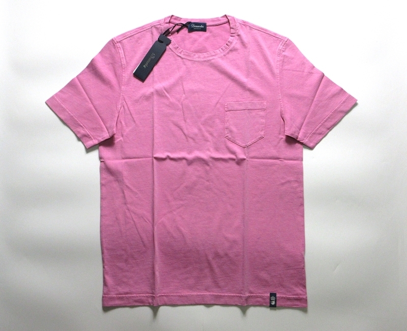 新品 ドルモア Drumohr クルーネック Tシャツ ポケT 製品染め ピンク S