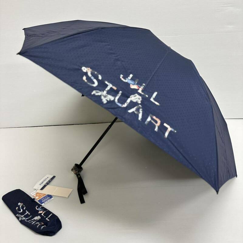 新品52002 ジルスチュアートJILL STUART＊紺ネイビー 花ロゴプリント 遮光99％遮蔽率99％以上遮熱晴雨兼用折りたたみ日傘雨傘 トレカ 軽量