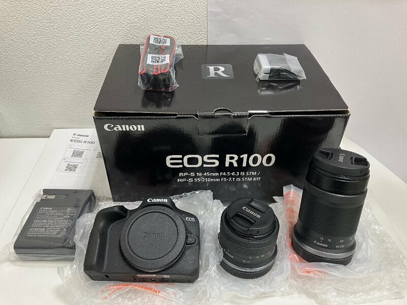【J62213】Canon デジタルカメラ ミラーレス一眼カメラ EOS R100 ダブルズームキット ブラック 未使用中古品 動作未確認