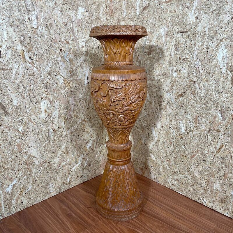 木製花瓶 木彫り 花入　インテリア　置物 オブジェ　花器 彫刻　龍　鳳凰　大型　 アジアン　雑貨　木製