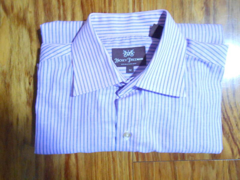 未使用（個人保管） 米国高級老舗　Hickey Freeman（1899年創業） 高級 美しい＆爽やかなコットン＆リネンのドレスシャツ US Mサイズ