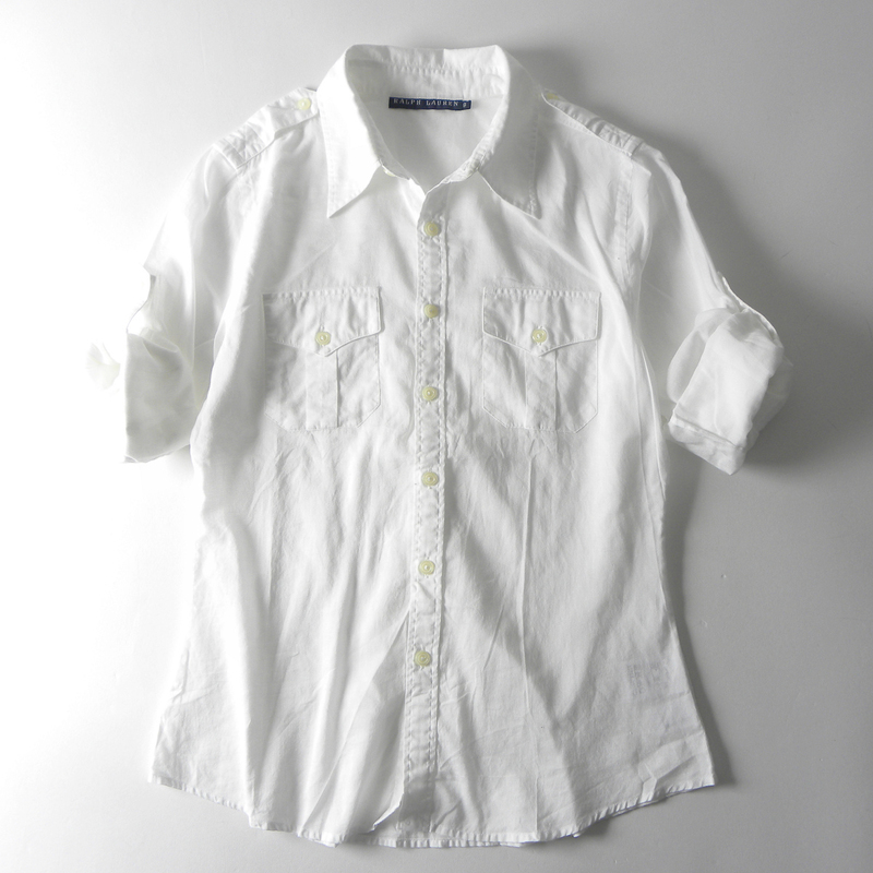 ラルフローレン RALPH LAUREN コットン100％ エポレット付きシャツ ブラウス 袖2WAY 透け感 9 ホワイト インパクト21 l0424-7