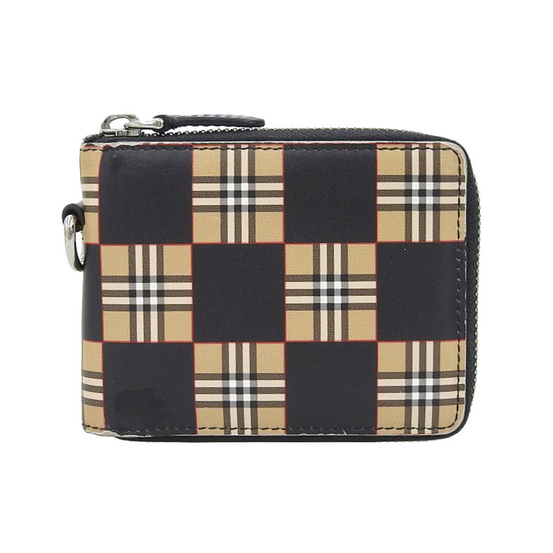 良品 箱付 バーバリー BURBERRY 8030794 A7026 レザー ダニエルズ チェッカー ラウンド ジップ 二つ折り 財布 小銭入れ メンズ 定価66000円