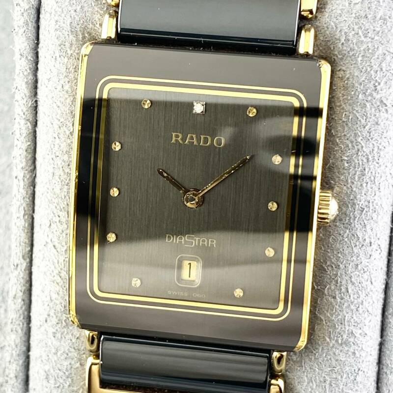 【1円〜】RADO ラドー 腕時計 メンズ DIASTAR ダイヤスター 1Pダイヤ ブラック文字盤 ゴールド 160.0281.3N デイト 可動品