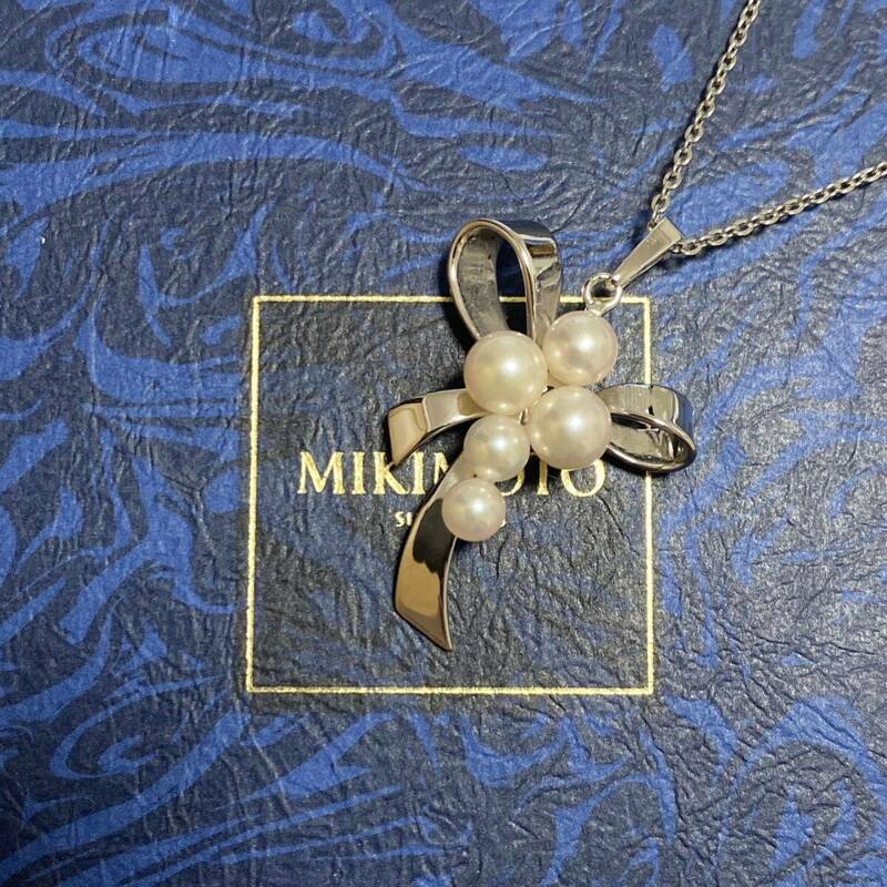 MIKIMOTO ネックレス パール ペンダント 天然パールネックレス アクセサリー シルバー ミキモト　silver 925 真珠　リボン　necklace pearl