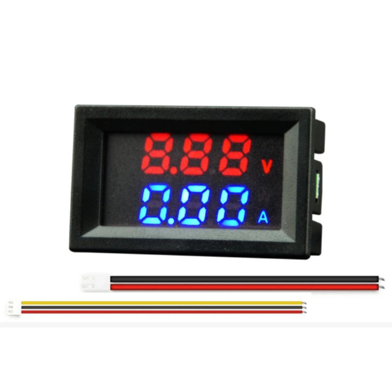 デジタル電圧計電流計 10A DC0-100V 赤青デュアルデジタル リード線付き / LEDパネル取付け型 / 逆接続保護