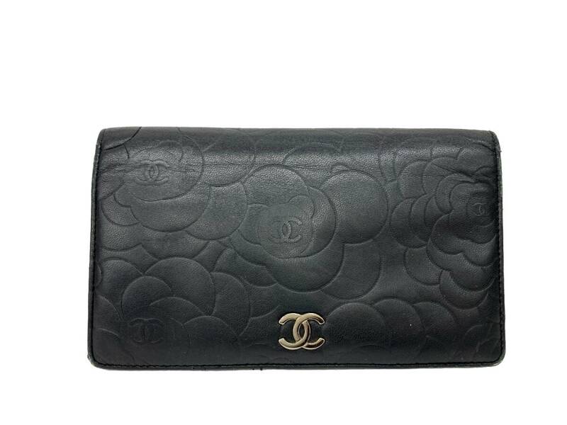 CHANEL (シャネル) イタリア製 カメリア レザー ココマーク シリアルシール有 二つ折り 長財布 ブラック レディース/028