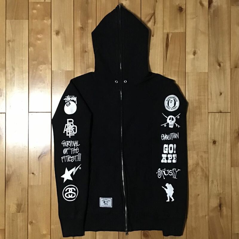 STUSSY × BAPE LOGO フルジップ パーカー Mサイズ a bathing ape full zip hoodie ステューシー エイプ ベイプ アベイシングエイプ i1082