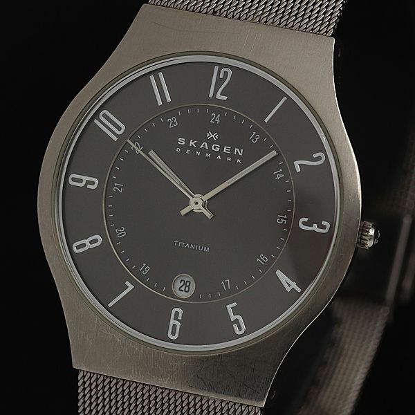 1円 稼働 良品 スカーゲン QZ グレー文字盤 デイト メンズ腕時計 TCY 8174000 4PRY