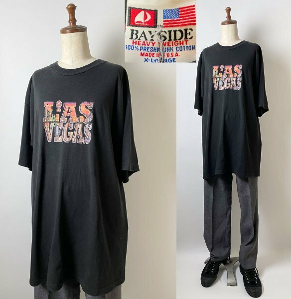 ★【90s USA製 XL 両面プリント オーバーサイズ】ビンテージ BAY SIDE ベイサイド Las Vegas ラスベガス ブラック 半袖 Tシャツ XL