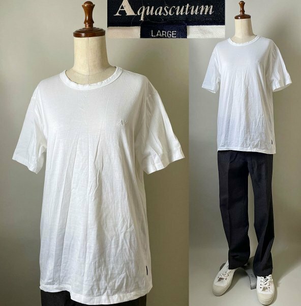 ★【日本製 国内正規品】名作 Aquascutum アクアスキュータム コットン100％ 胸ロゴ刺繍 クルーネック カットソー 半袖 Tシャツ L ホワイト