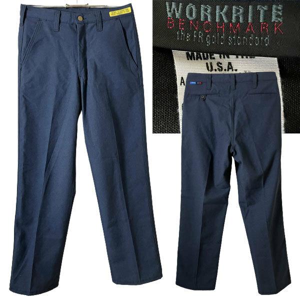 ★【希少 90ss位 USA製】ビンテージ 美品 WORKRITE ワークライト ノーメックス センタープレス テーパード ワーク パンツ W30 ネイビー系