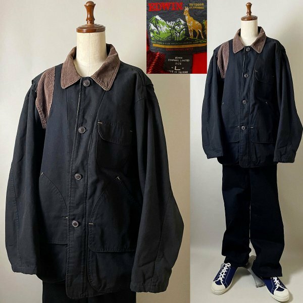 ★【国内正規品 90s 名作 ビンテージ】旧タグ EDWIN GARMENT OUTDOOR エドウィン コットン ダック地 ハンティング ジャケット ワーク L 黒