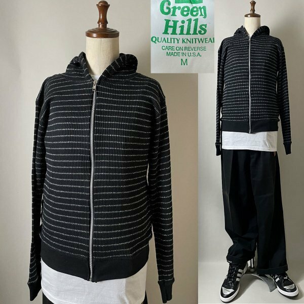 【希少 ビンテージ 暖かいインナー USA製】90s Green hills グリーンヒルズ ボーダー ロングスリーブ サーマル パーカー 長袖 Tシャツ M