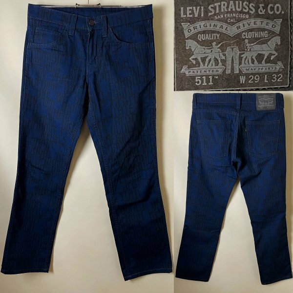 ★美品【レア 名作 シルエット良好】00s Levi's リーバイス 511 84511-0142 ストレッチ スリム 総柄 ネイビー デニム パンツ ジーンズ W29