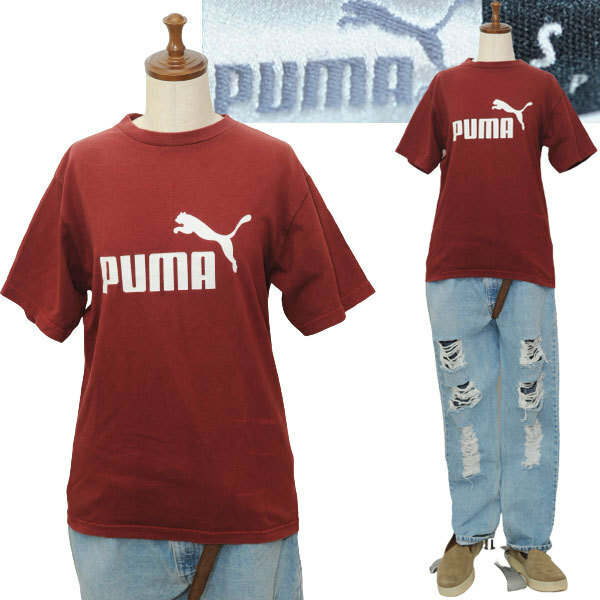 ★【希少 90s USA製】名作 ビンテージ PUMA プーマ 旧ピューマ デカロゴ プリント 後染めボルドー系 Tシャツ S