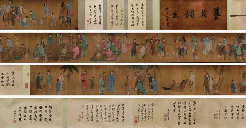 古美術 長巻 中国・宋時代 「趙孟フ書」 絹本 【五陵衣馬図】 手巻 軸装 書道 巻き物 真筆逸品 肉筆保証 唐物 古画 LT-24368