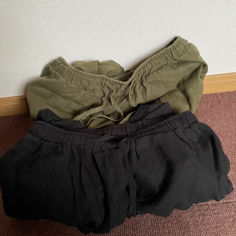 French Linen パンツ ズボン 七分丈 黒 緑 Lサイズ 2セット