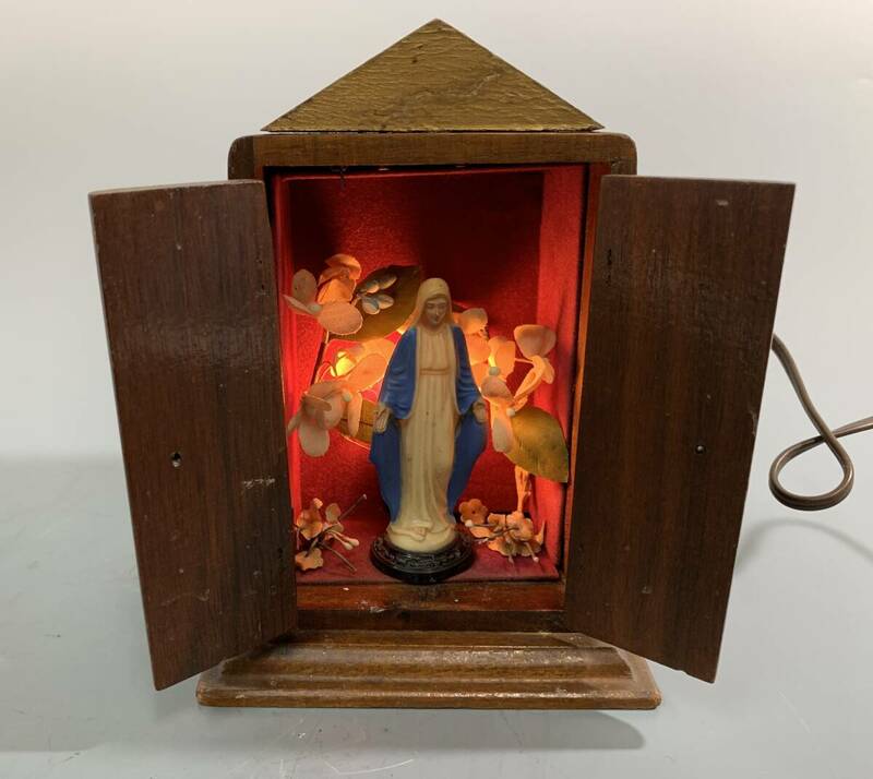270 希少 聖母マリア像 観音開き木製 像 ランプ 装飾 置物 オブジェ オルゴール付きランプ 宗教 神秘的 古い レトロ