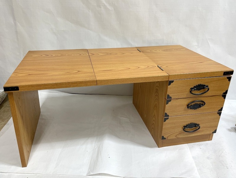 昭和レトロ！ 折りたたみ式 木製 文机 座卓 デスク 作業台 裁縫台 勉強机 和風 引出し3段 サイドテーブル 