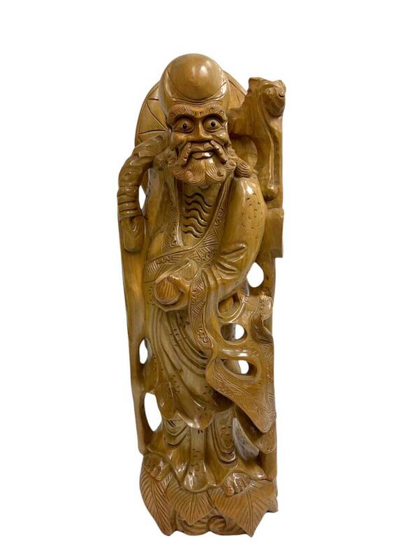 縁起物 福禄寿 木彫り 彫刻 置物 高さ約60cm 重量約6.8kg 七福神 開運 仏像 東洋彫刻 木製 木工芸 B