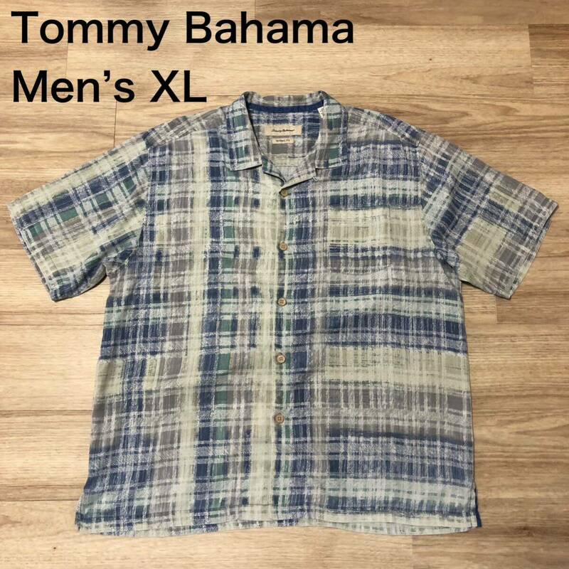 【送料無料】Tommy Bahamaシルク70%ポリエステル30%半袖シャツ　青系チェック柄　メンズXLサイズ　トミーバハマハワイアンアロハシャツ絹