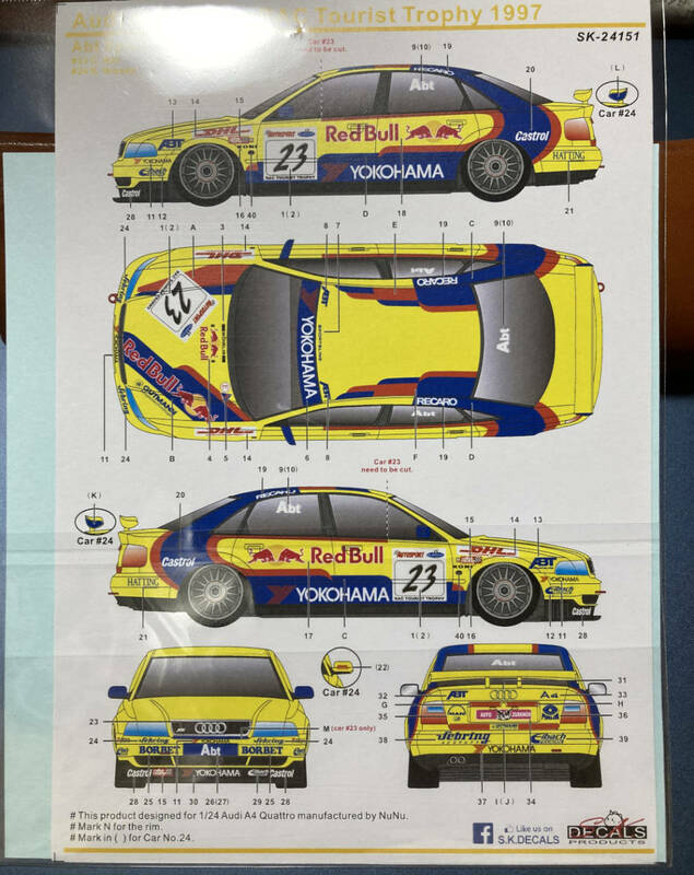 (SK-24151): 1/24 アウディA4クアトロ(yokohama,RedBull,DHL) RACツーリストトロフュー1997 水転写デカールSK-24151