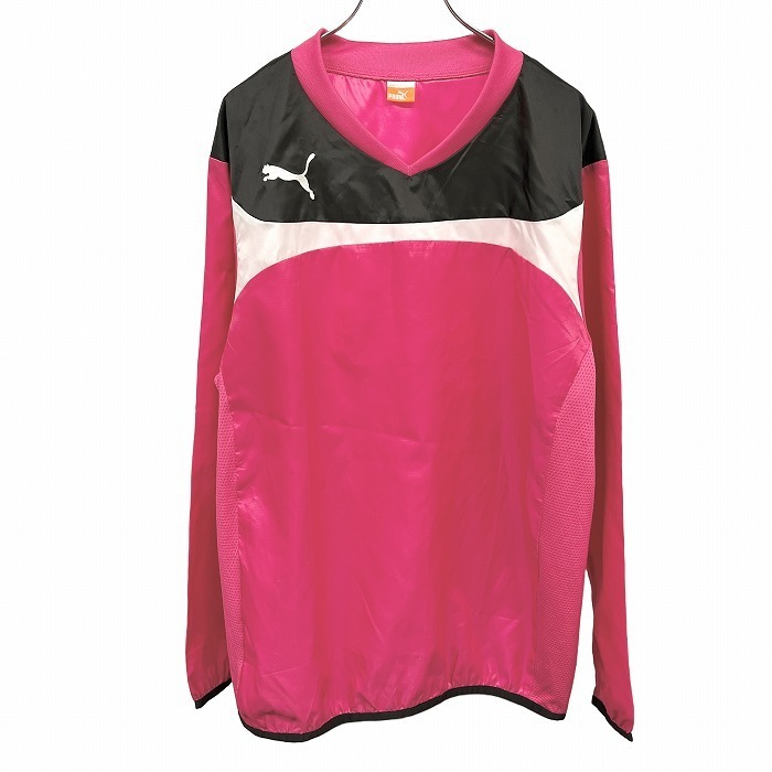 プーマ 薄手 プルオーバーシャツ プルオーバージャケット Vネック 長袖 背中プリント 裏地無し ポリ100% L ピンク ピンク×黒×白 メンズ