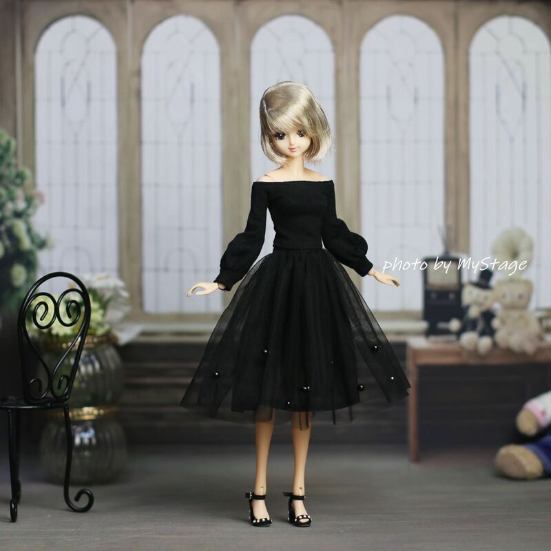 人形服msdr-24-171　黒バルーンスリーブ肩だしTシャツとチュールスカート（momoko、ジェニー、MISAKI、OBITSUボディ）